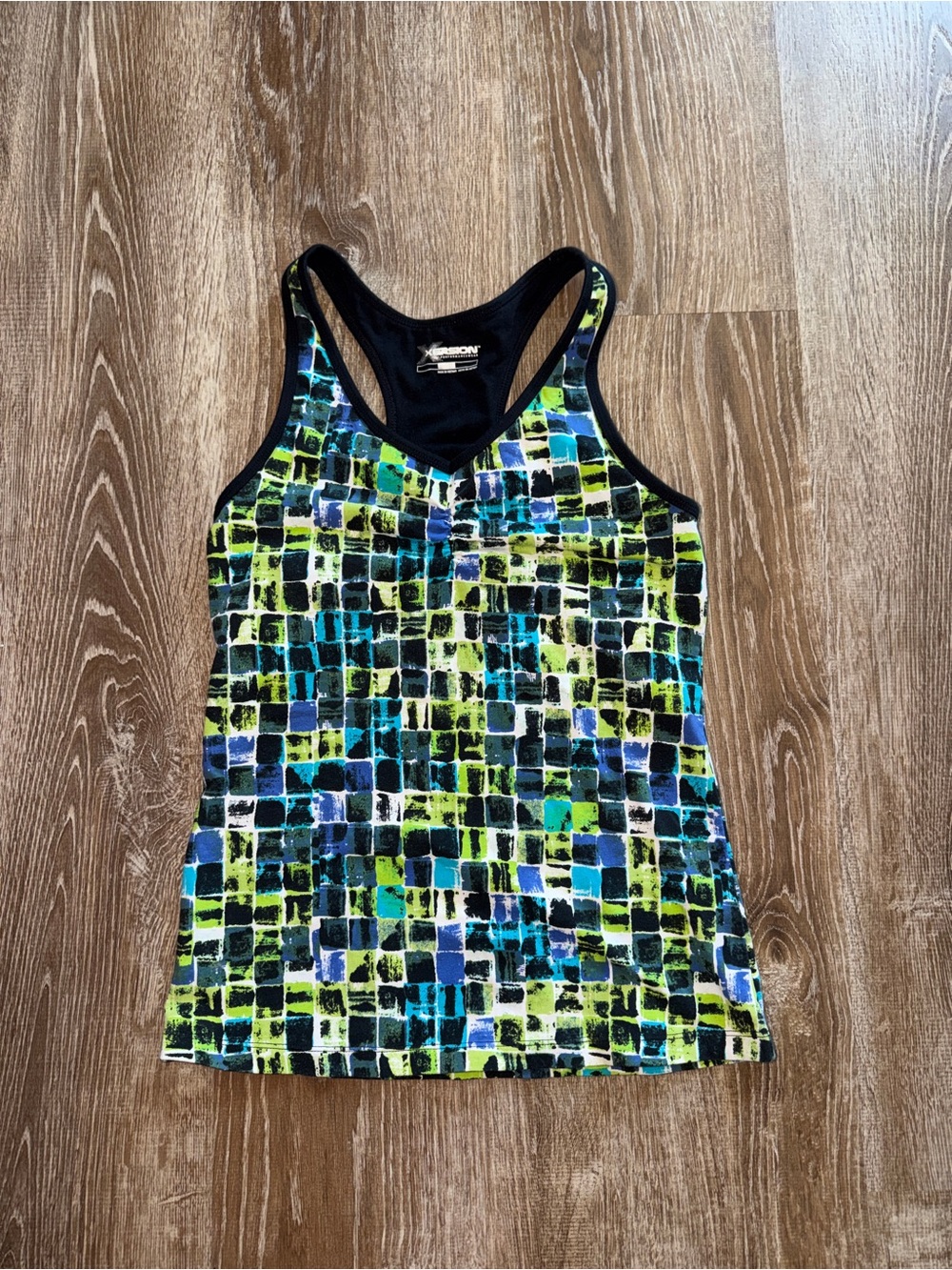 Vintage Y2K Xersion Women's Lime Green Blue Mosaic Racerback Tank